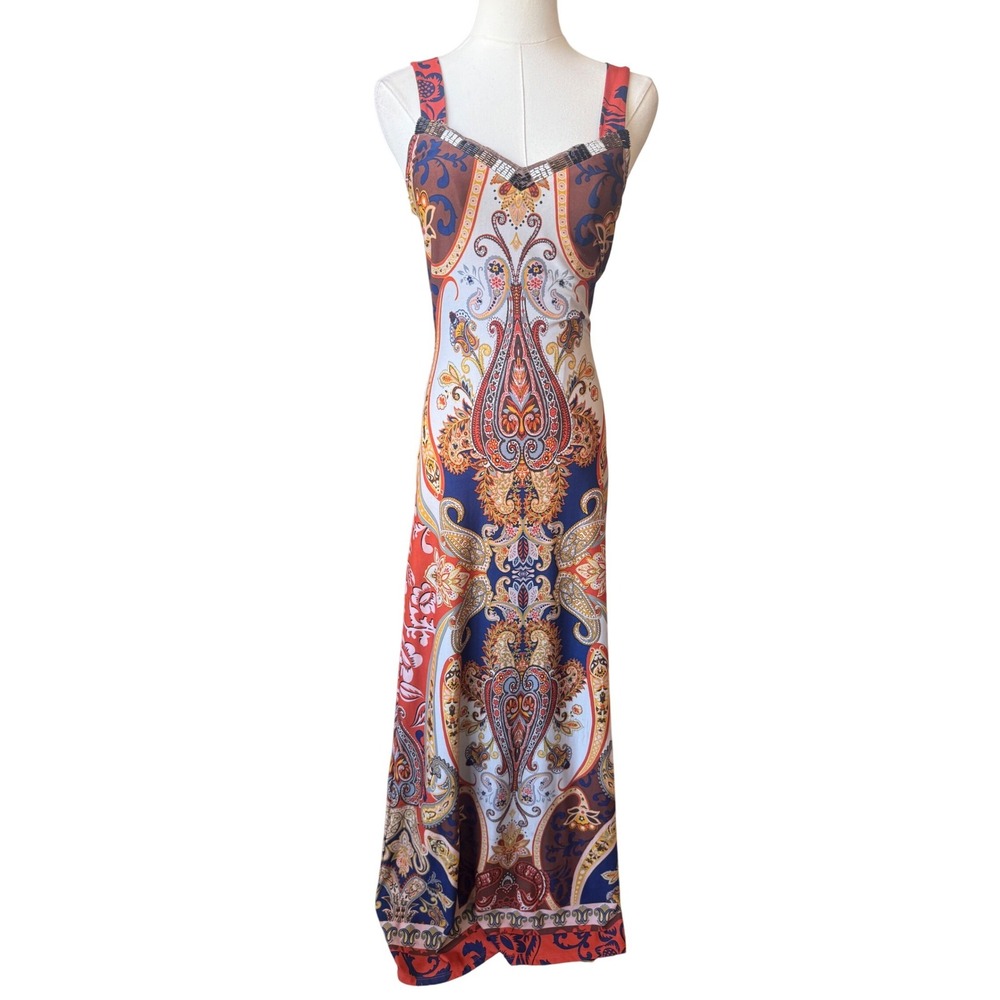 Venus Paisley Print Boho Maxi Dress XS Beaded Resort Greekā Goddess Maximalist